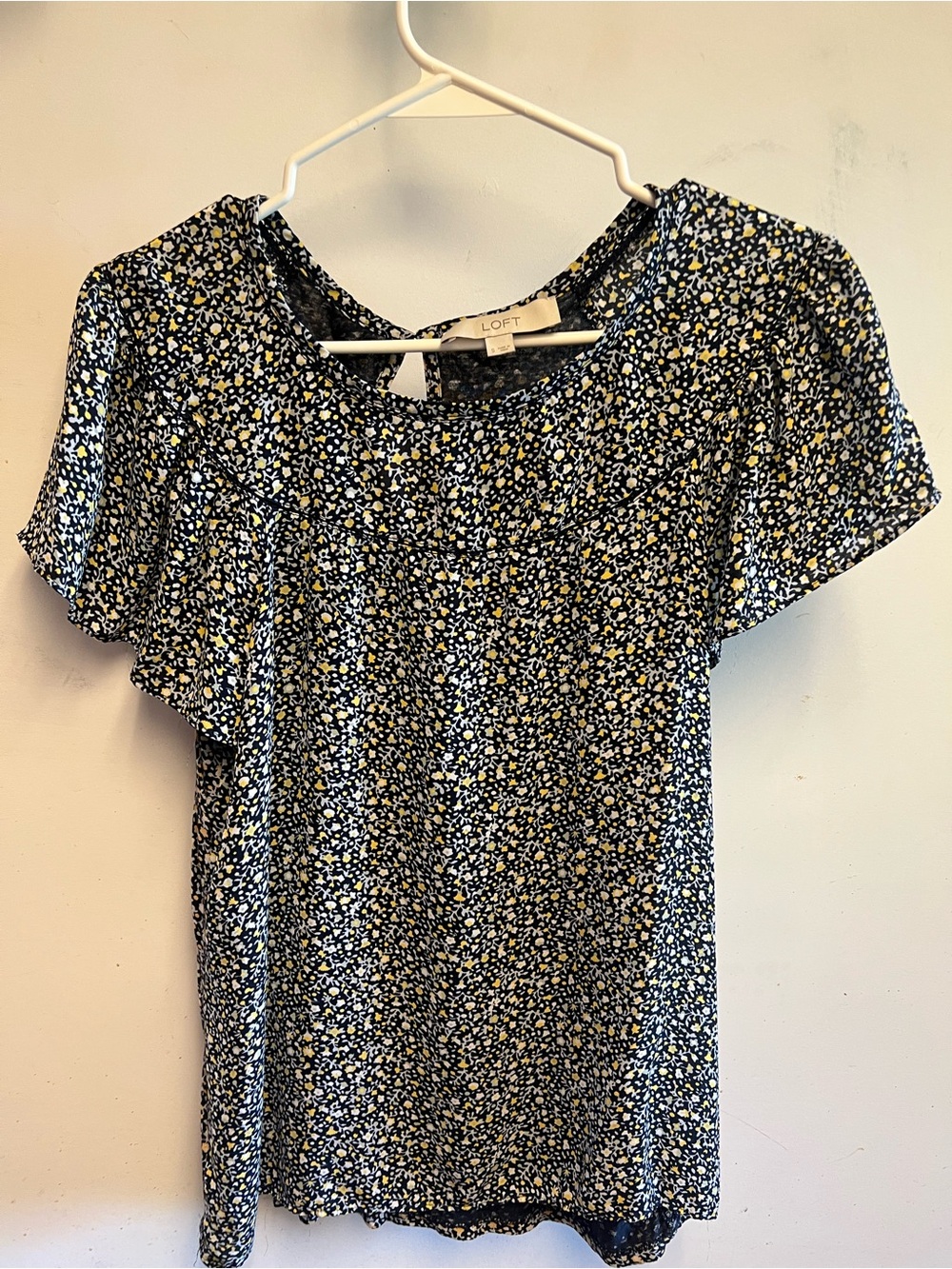 LOFT Navy Floral Ruffle-Sleeve Top with Yellow Accents